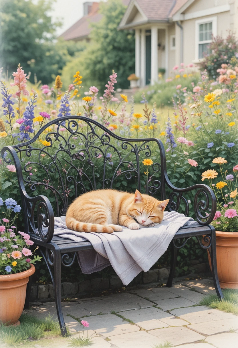 Gato em aquarela dormindo em um banco de jardim com flores