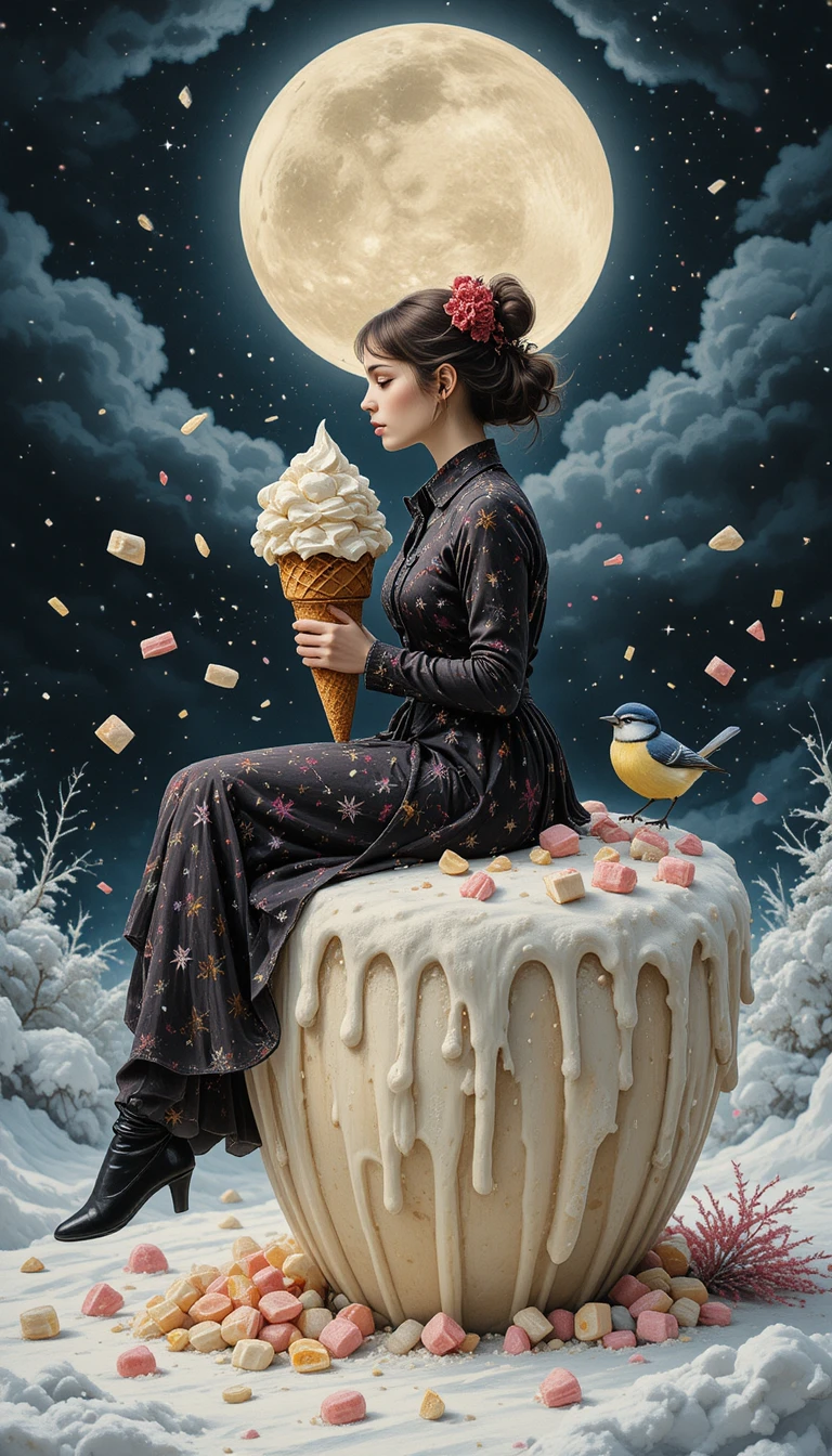 Woman Sitting On Giant Vanilla Ice Cream In Surreal Winter Scene