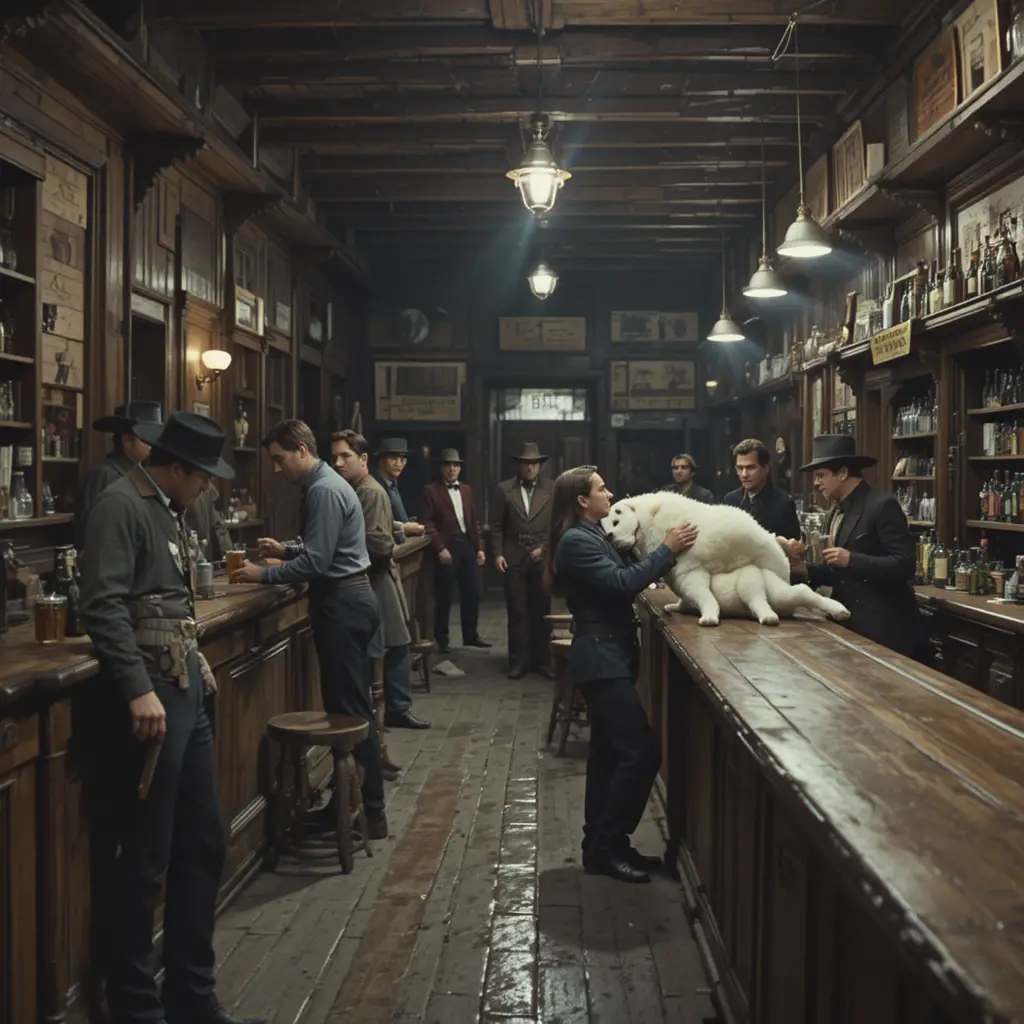 Cowboys versammeln sich an einer langen Western-Saloonbar bei Nacht