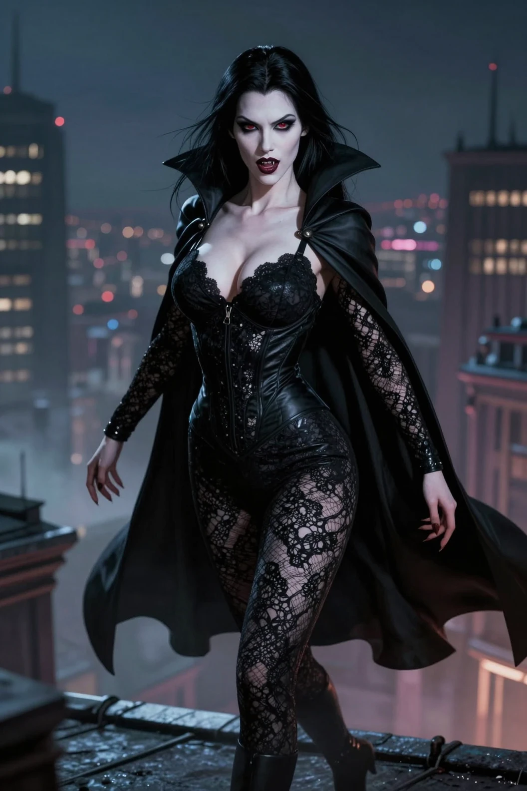 Vampire superhero woman on gothic rooftop at night