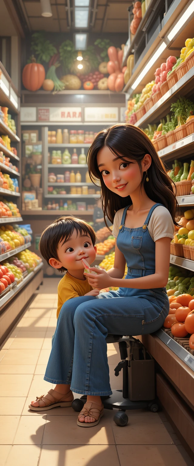 Mãe e filho fazendo lição de casa no corredor de hortifrúti do supermercado