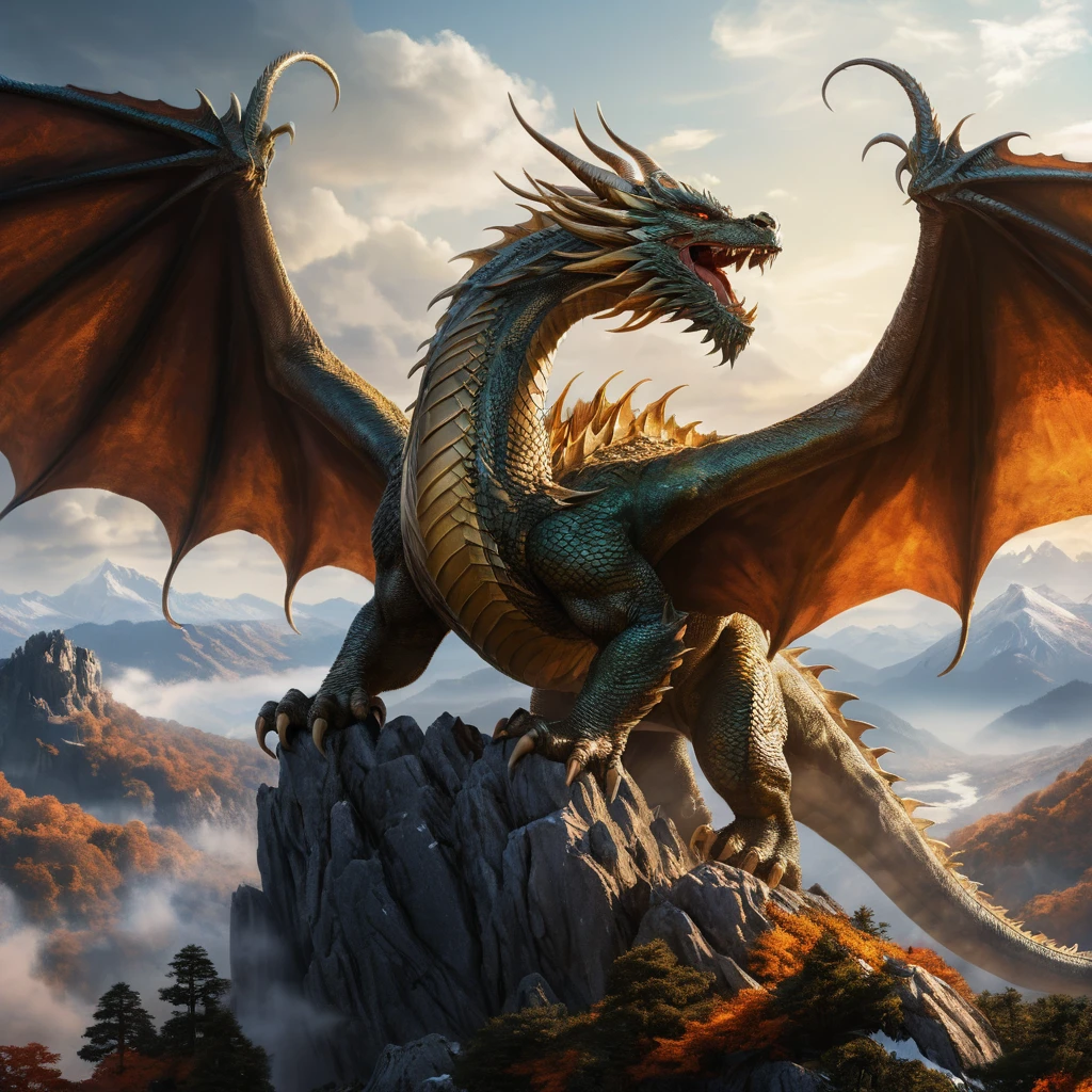 Roi héroïque au sommet de la montagne avec dragon de feu volant