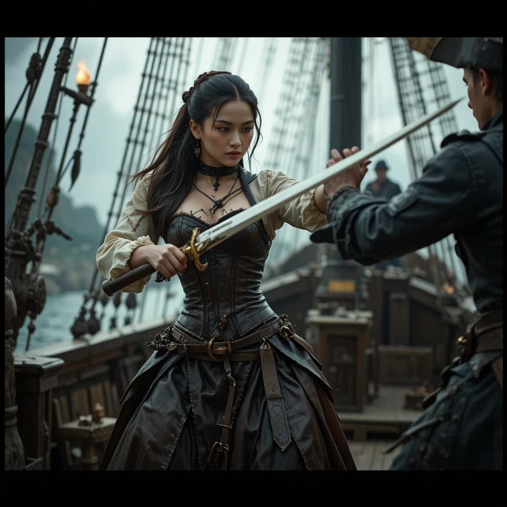 Duelista feminina lutando contra um pirata em um navio à vela de madeira