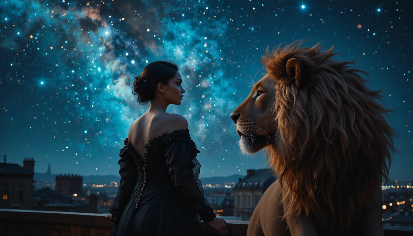 Elegant woman with lion in Paris night city studio scene