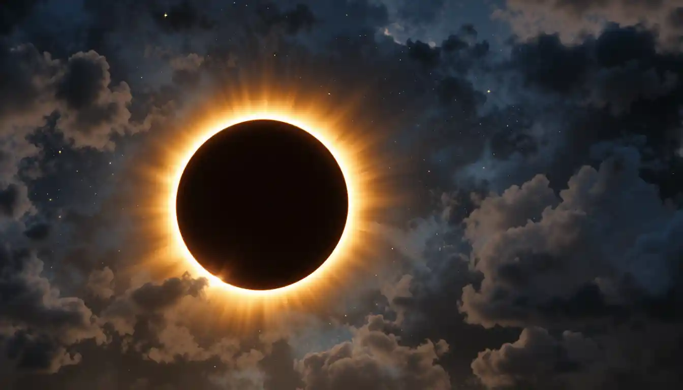 Close-up de um eclipse solar anular no céu escuro