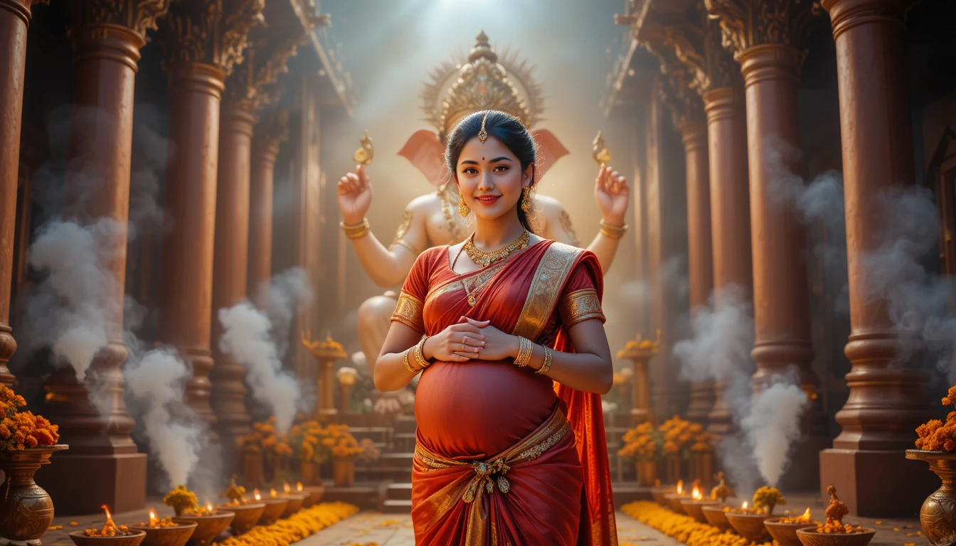 Mulher indiana grávida rezando diante de um ornado ídolo de Ganesha