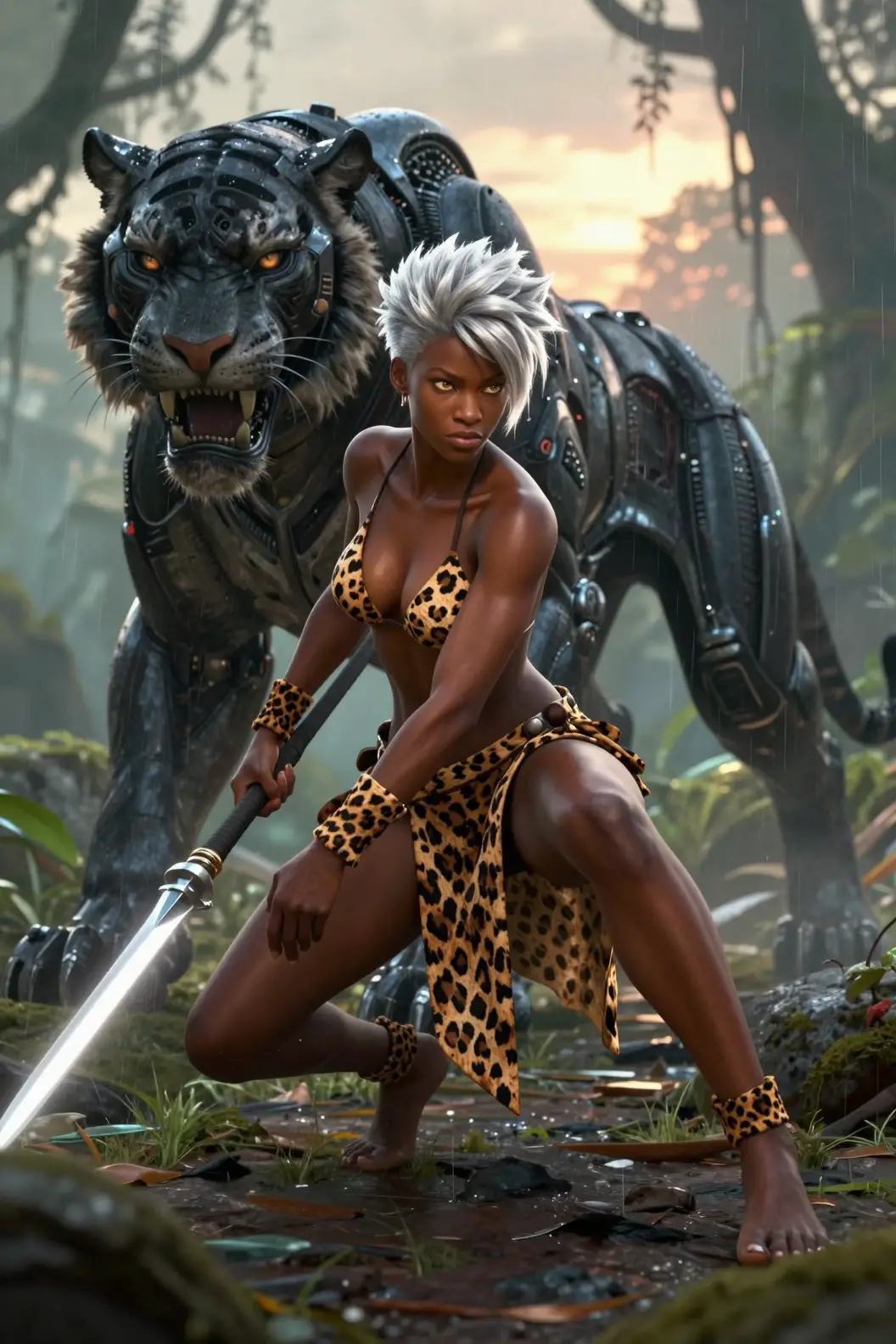 Futuristic warrior woman with spear in jungle