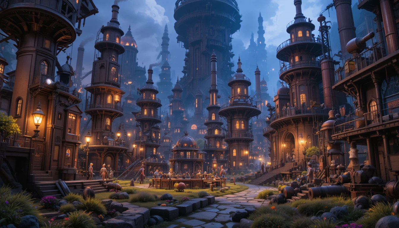 Colorful steampunk world with playful machines and characters