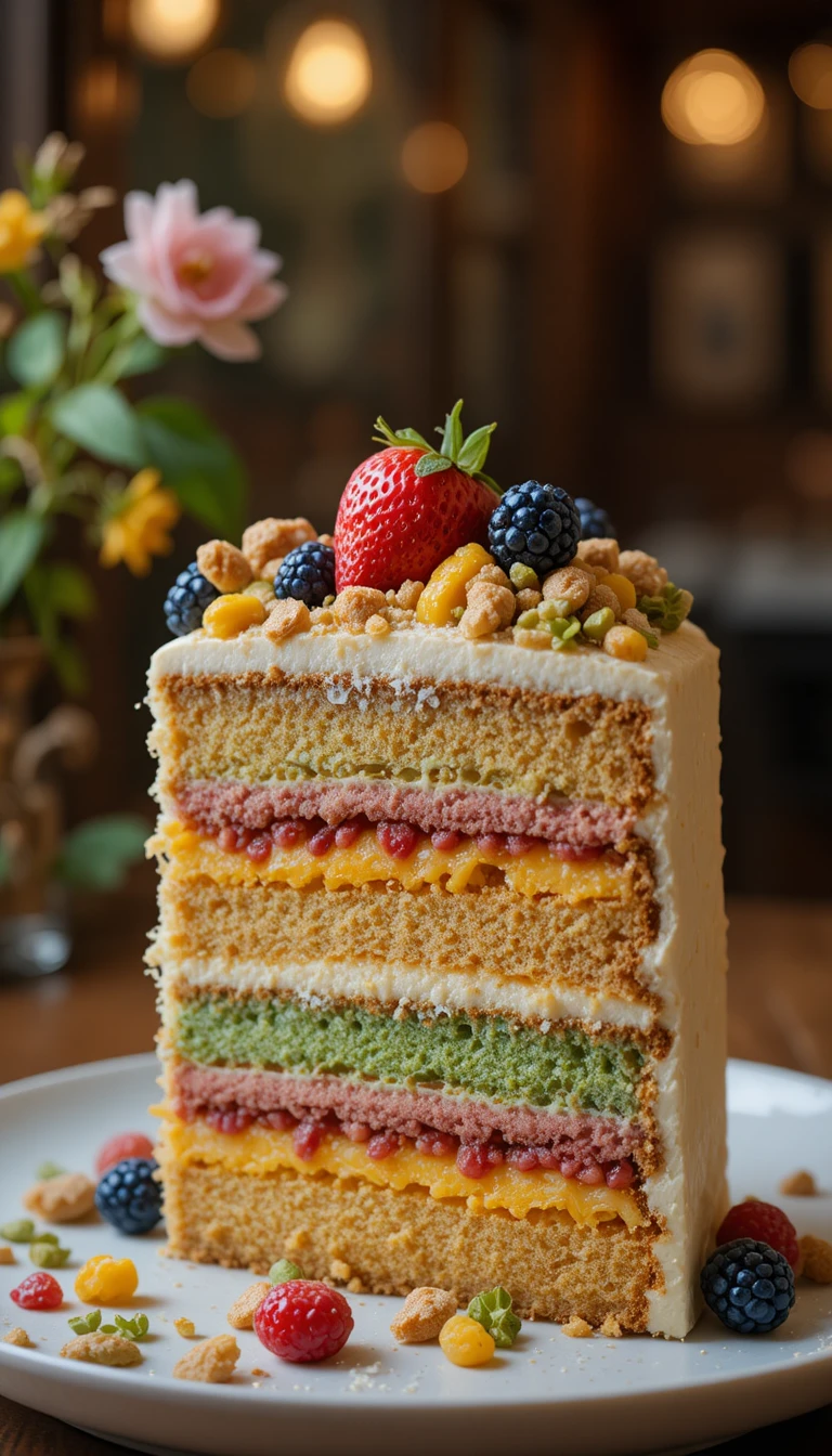 Bunte Schichttorte mit frischen Früchten und Blumen