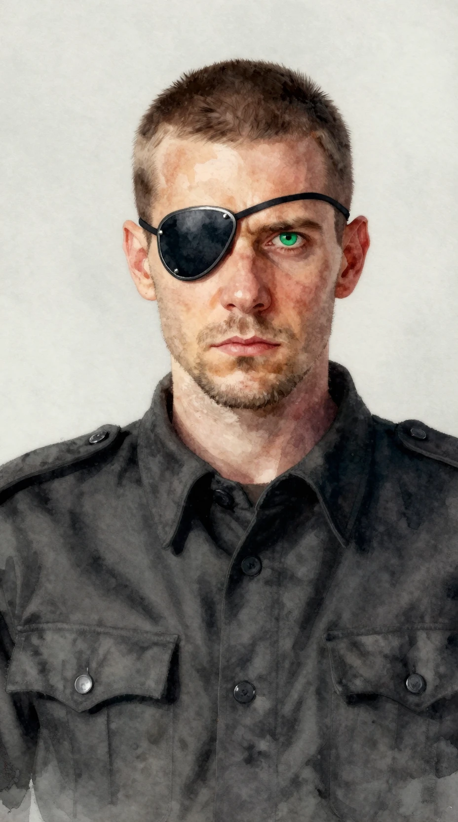 Homem sério com tapa-olho de metal e camisa militar preta