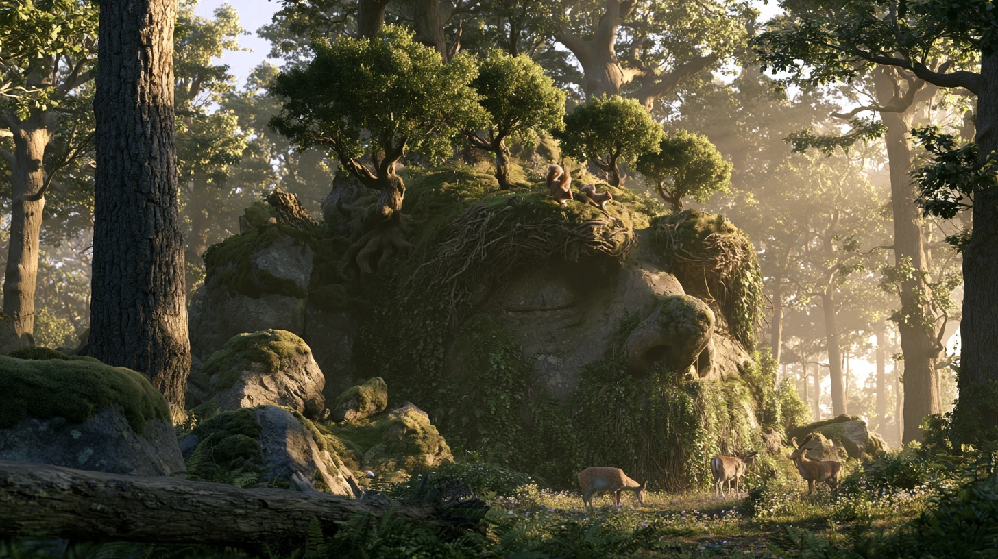 Sunlit ancient forest hiding the face of a moss giant