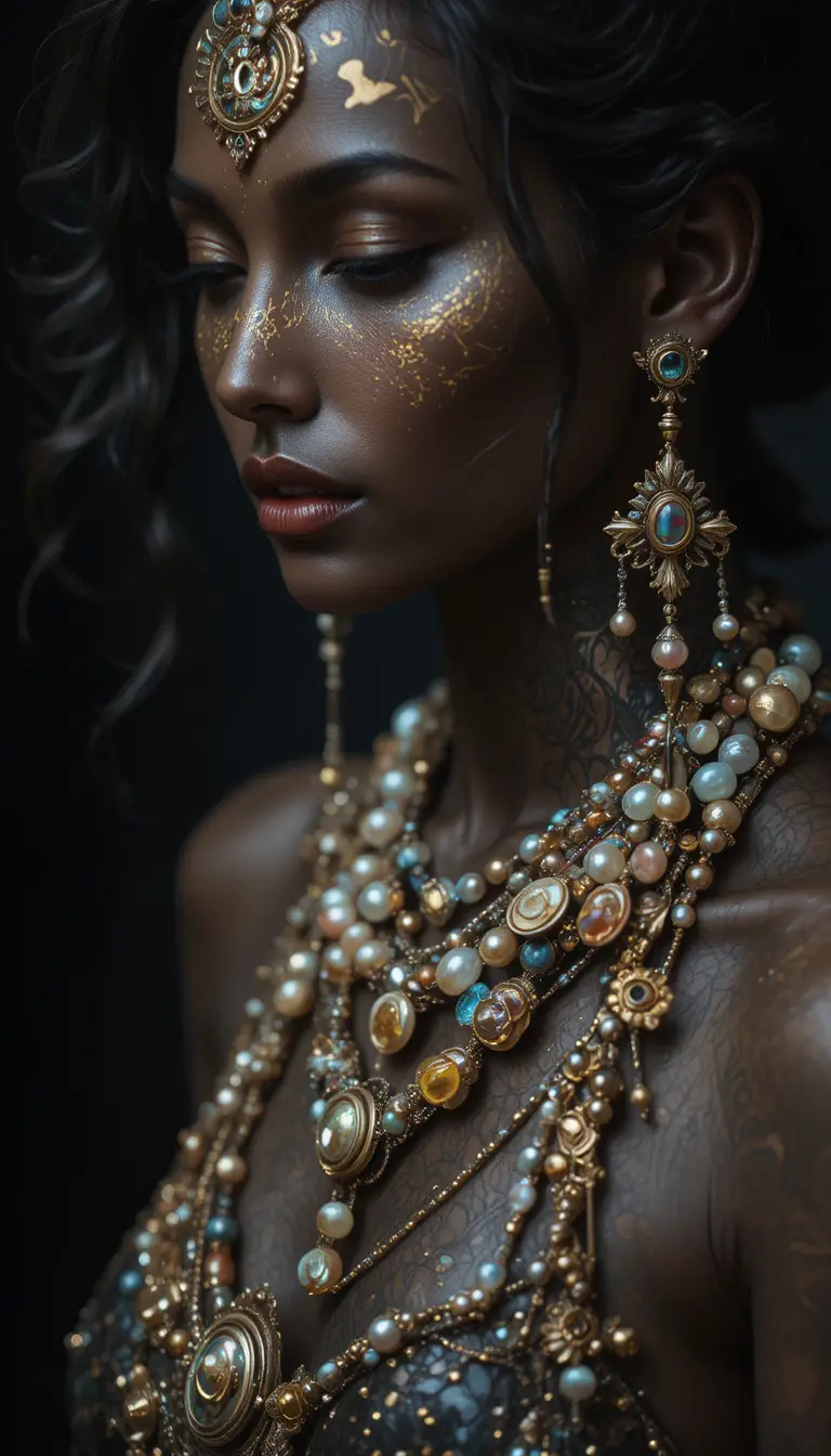 Mystical bronze skinned woman in pointillist fantasy style