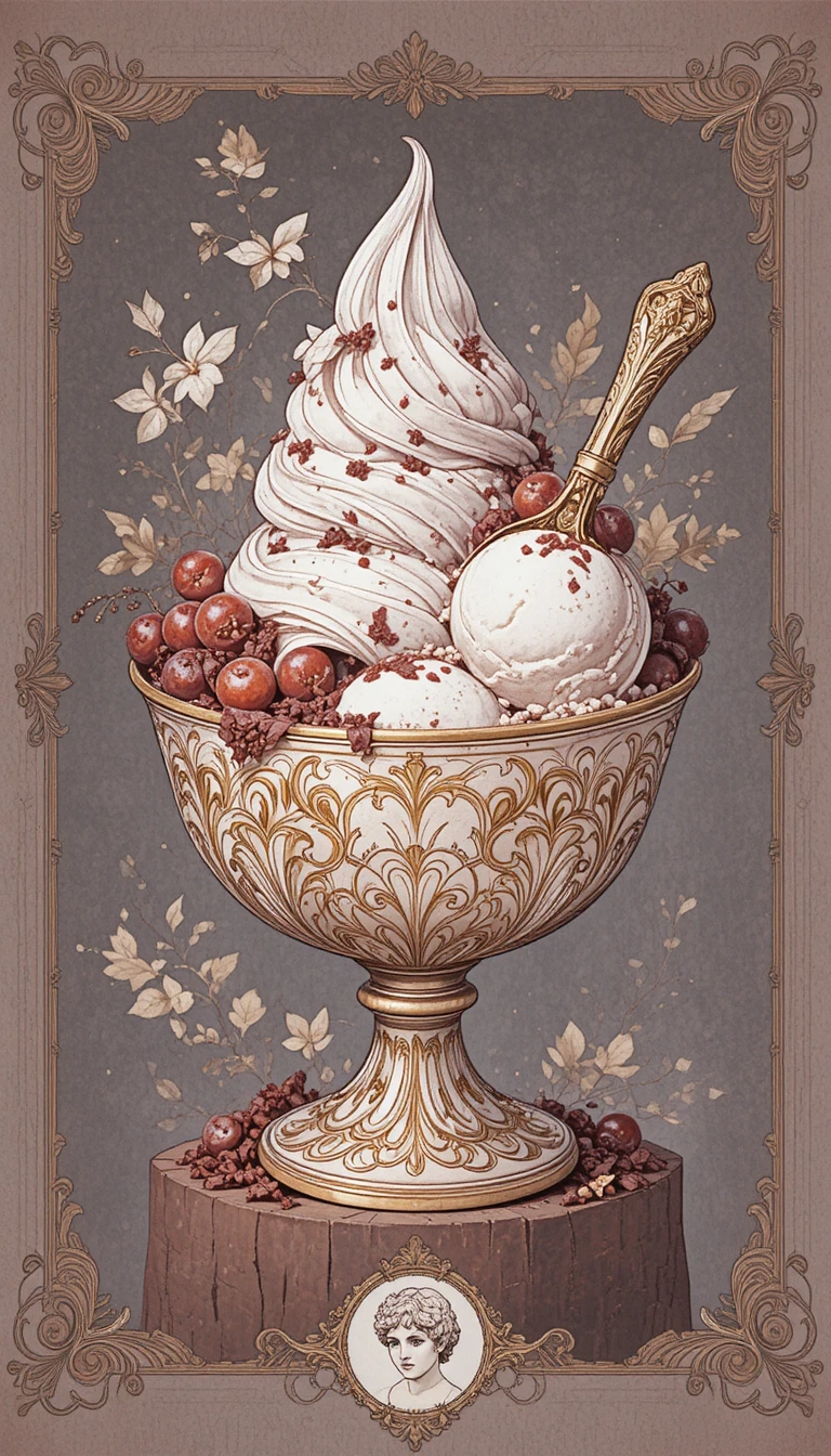 Contorno ad acquerello di una coppa da dessert rococò con gelato