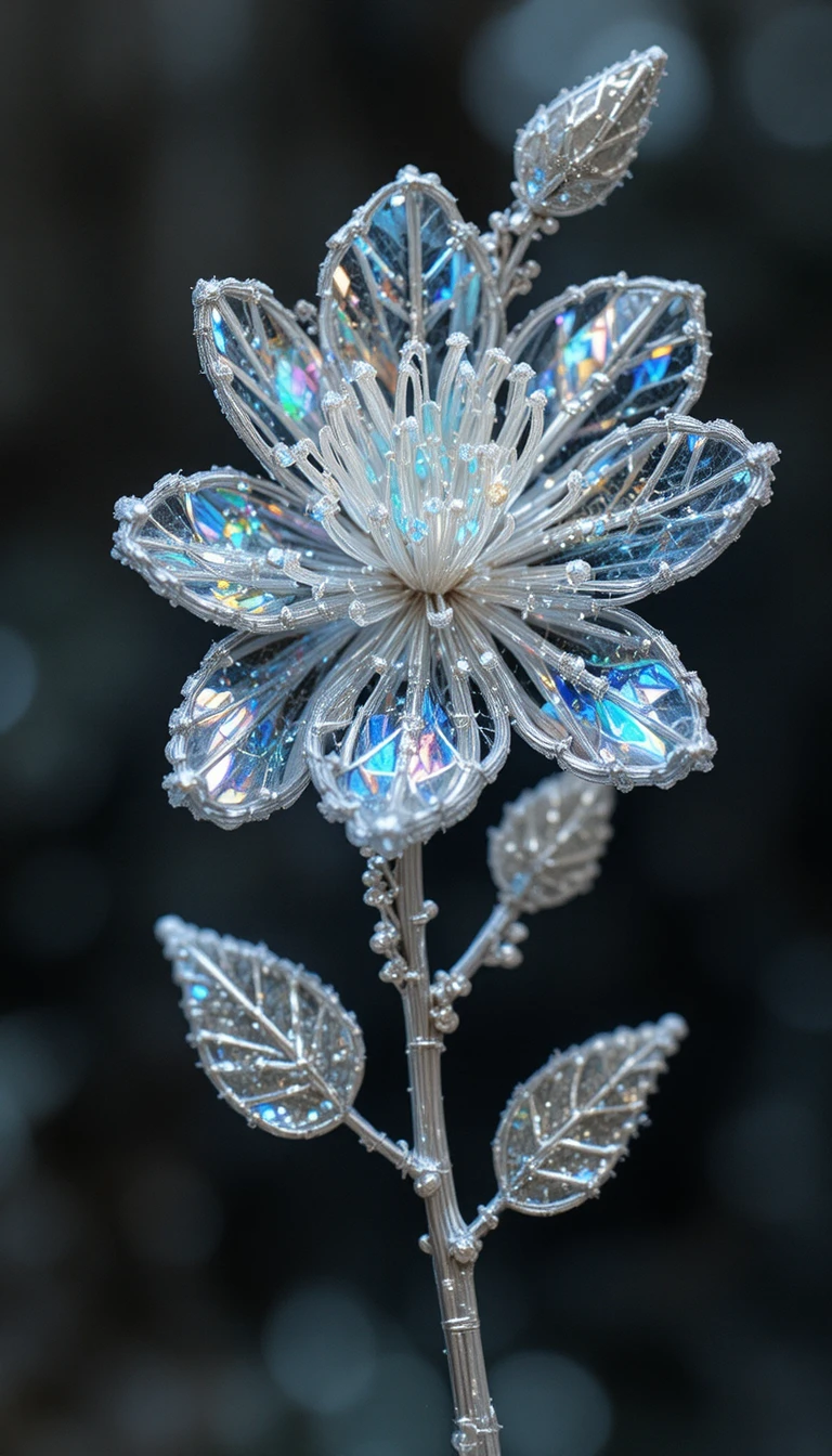 Delicadas flores de cristal iridescente com pétalas prateadas em crochê