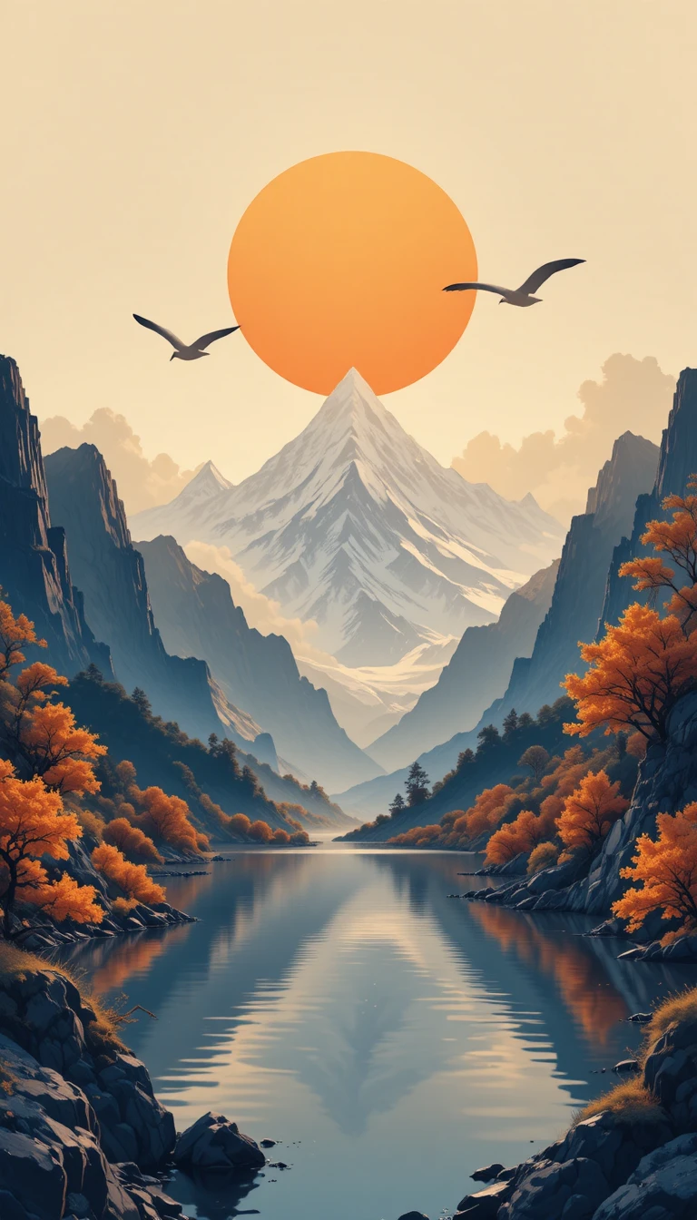Stiller Bergsee bei Sonnenuntergang mit spiegelnder orangefarbener Sonne