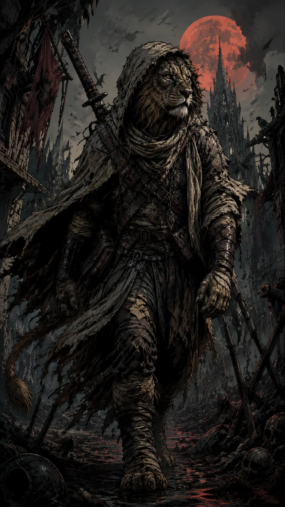 Dark fantasy graphic novel style digital ink illustration