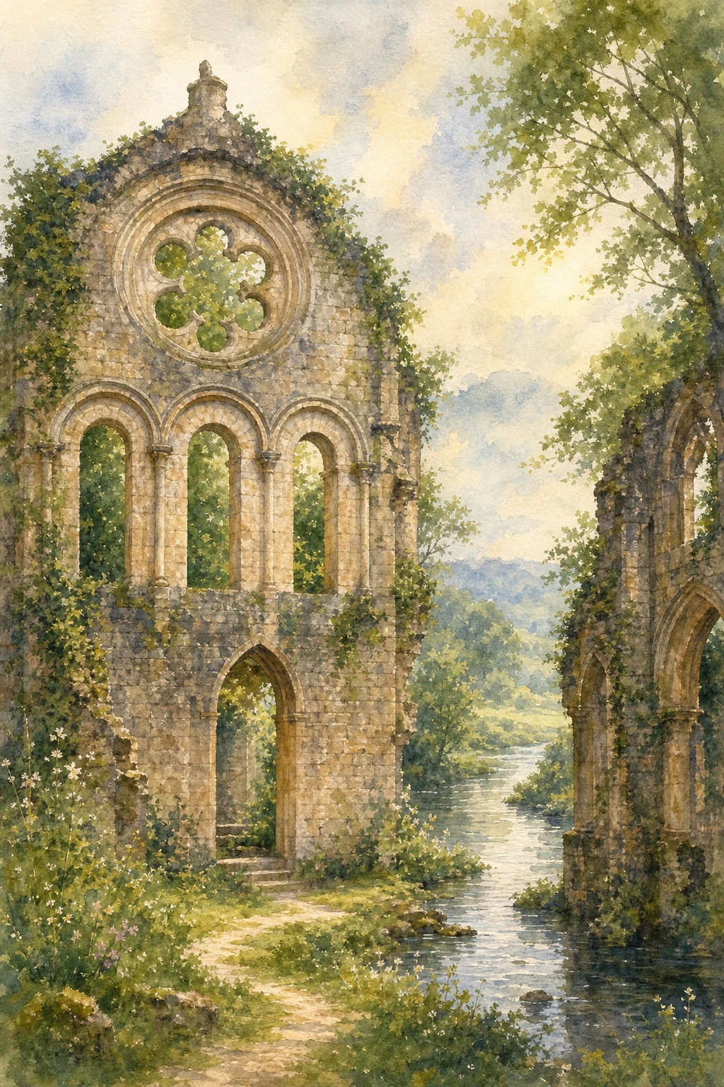 Abadia medieval em ruínas à beira de um sereno rio belga