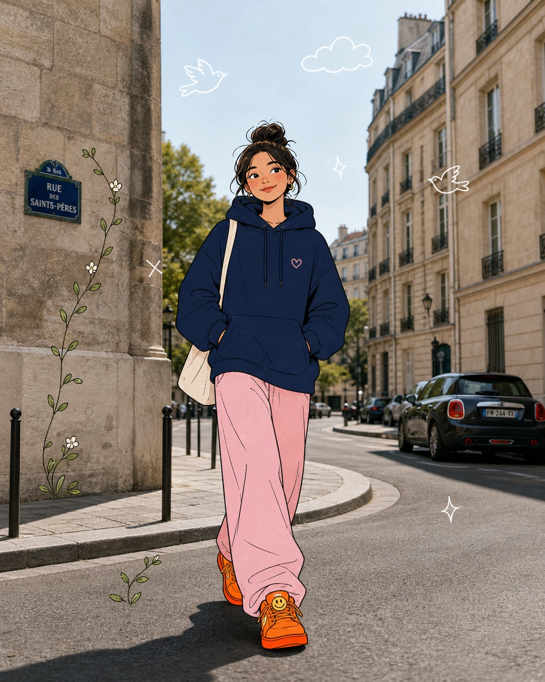 Stylized woman walking on a calm European city street