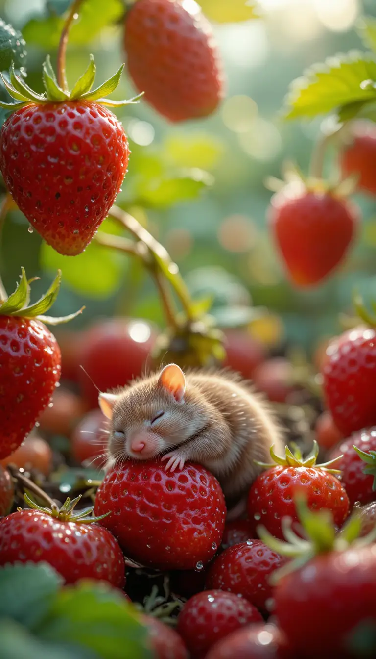 Cute mouse sleeping on juicy strawberries in garden close up