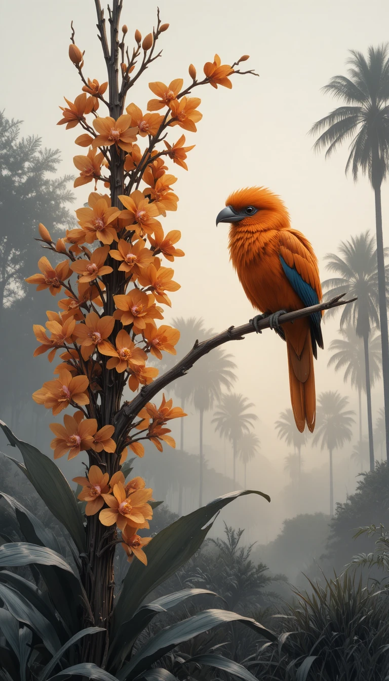 Close-up de pássaro laranja em cipó ao amanhecer enevoado