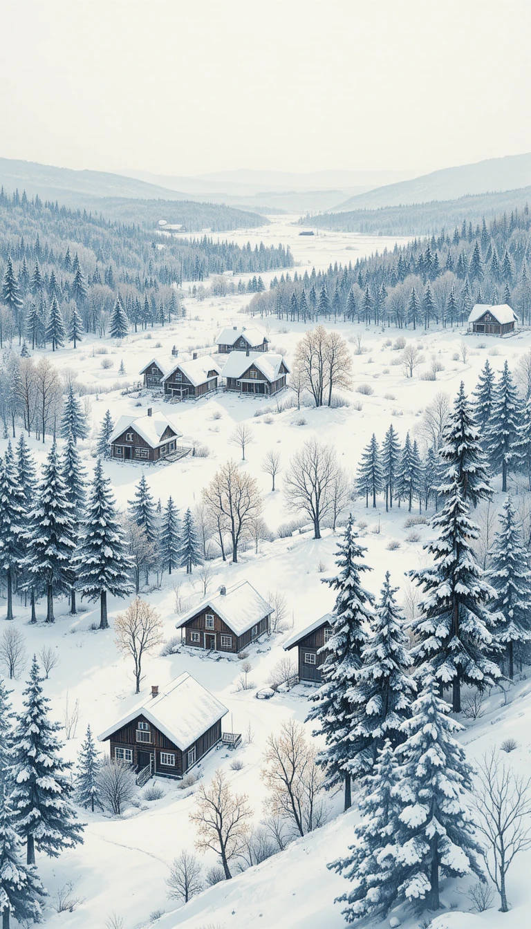 Aquarelle impressionniste d'un village enneigé de Laponie vu du ciel