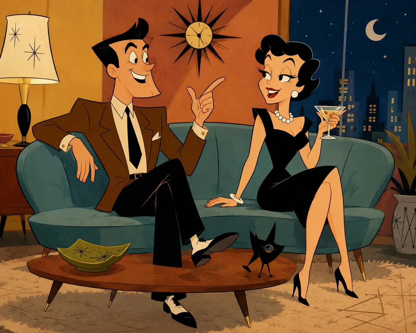 Verspielte Cartoonfiguren im Mid-Century-Stil auf der Theaterbühne