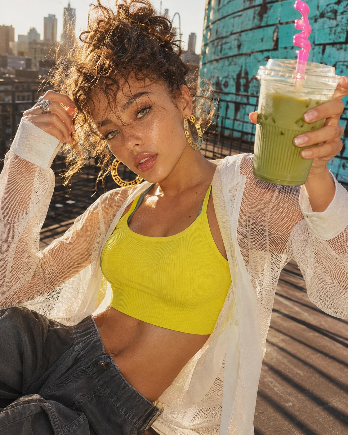 Retrato de moda descontraído na cobertura com iced matcha latte