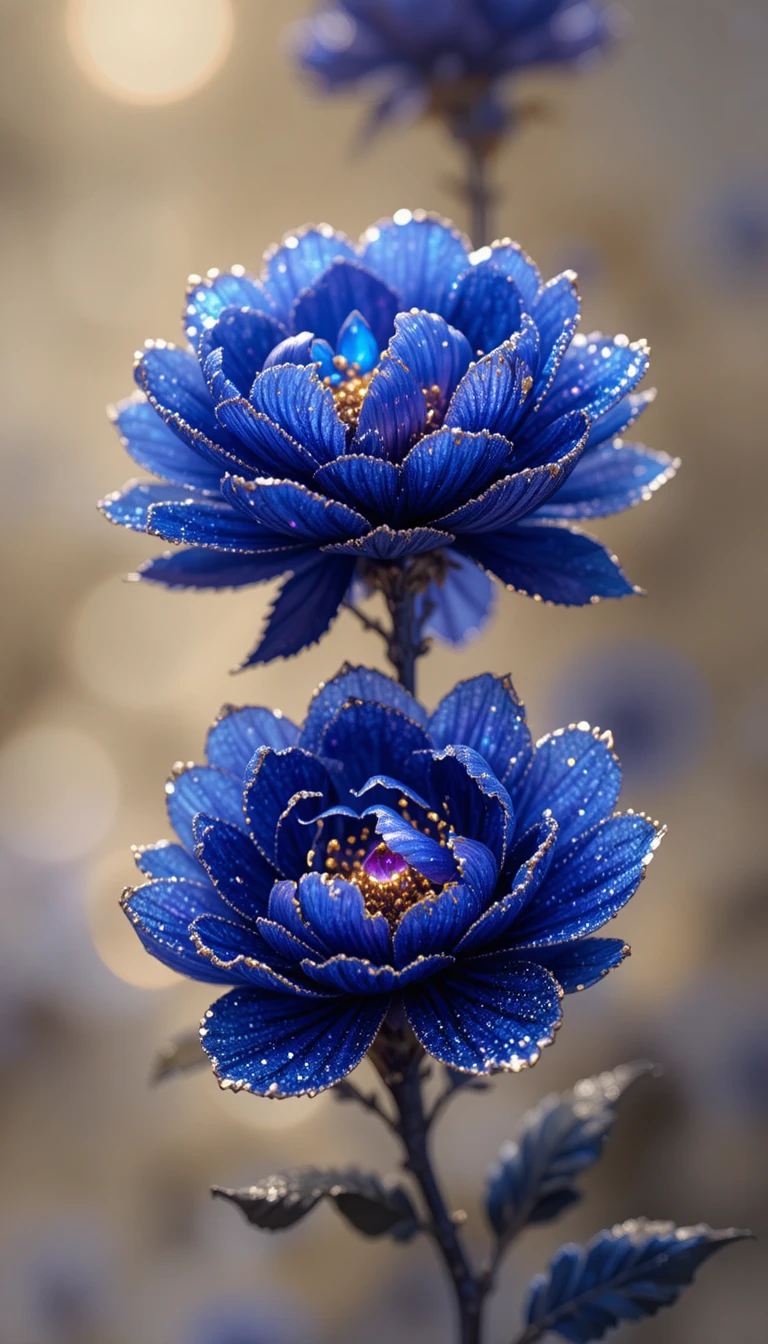 クリスタルの花びらでできた輝く藍色の牡丹の枝
