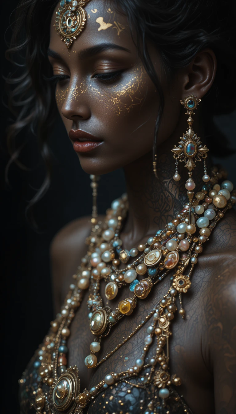Mistica donna dalla pelle bronzea in stile fantasy puntinista