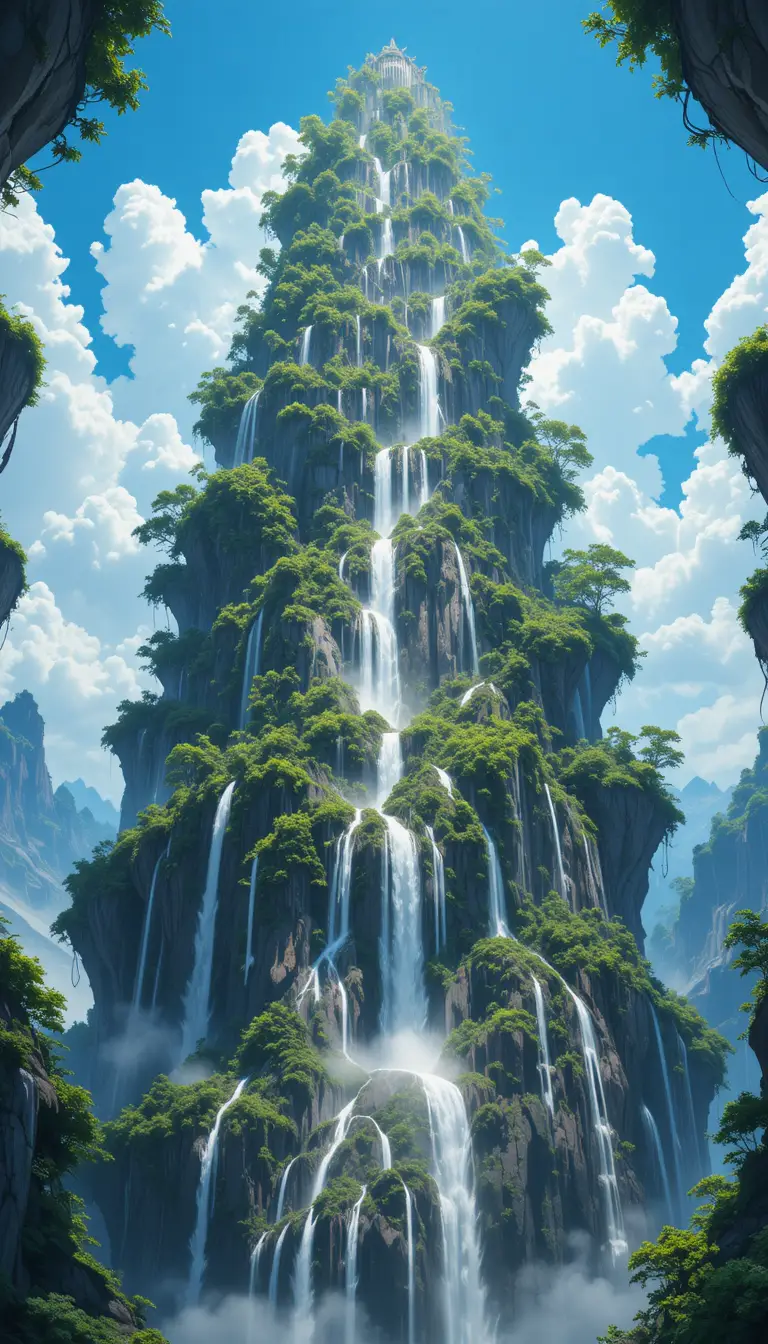 高聳漂浮島嶼與飛瀑與綠意