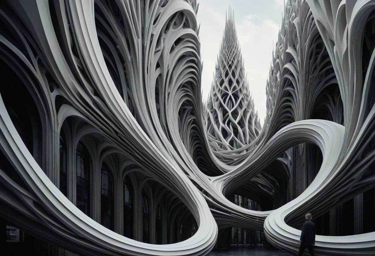 Donna surreale fusa con couture fluida di paesaggio urbano futuristico