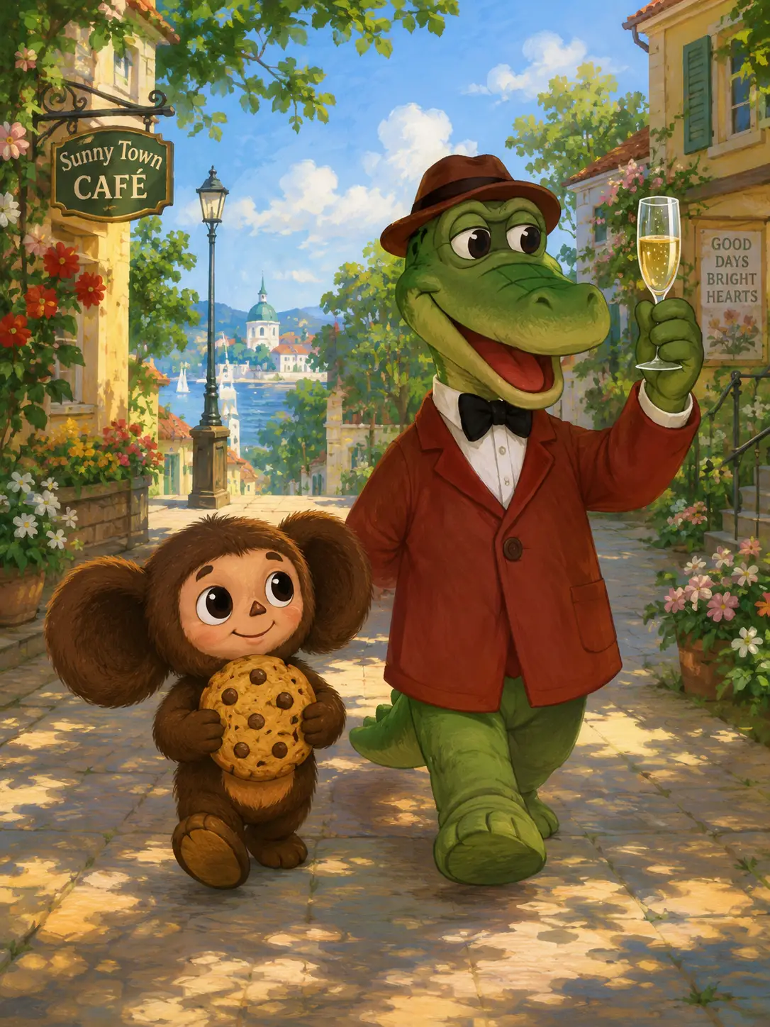 Joyful cartoon animals walking along a sunny city street