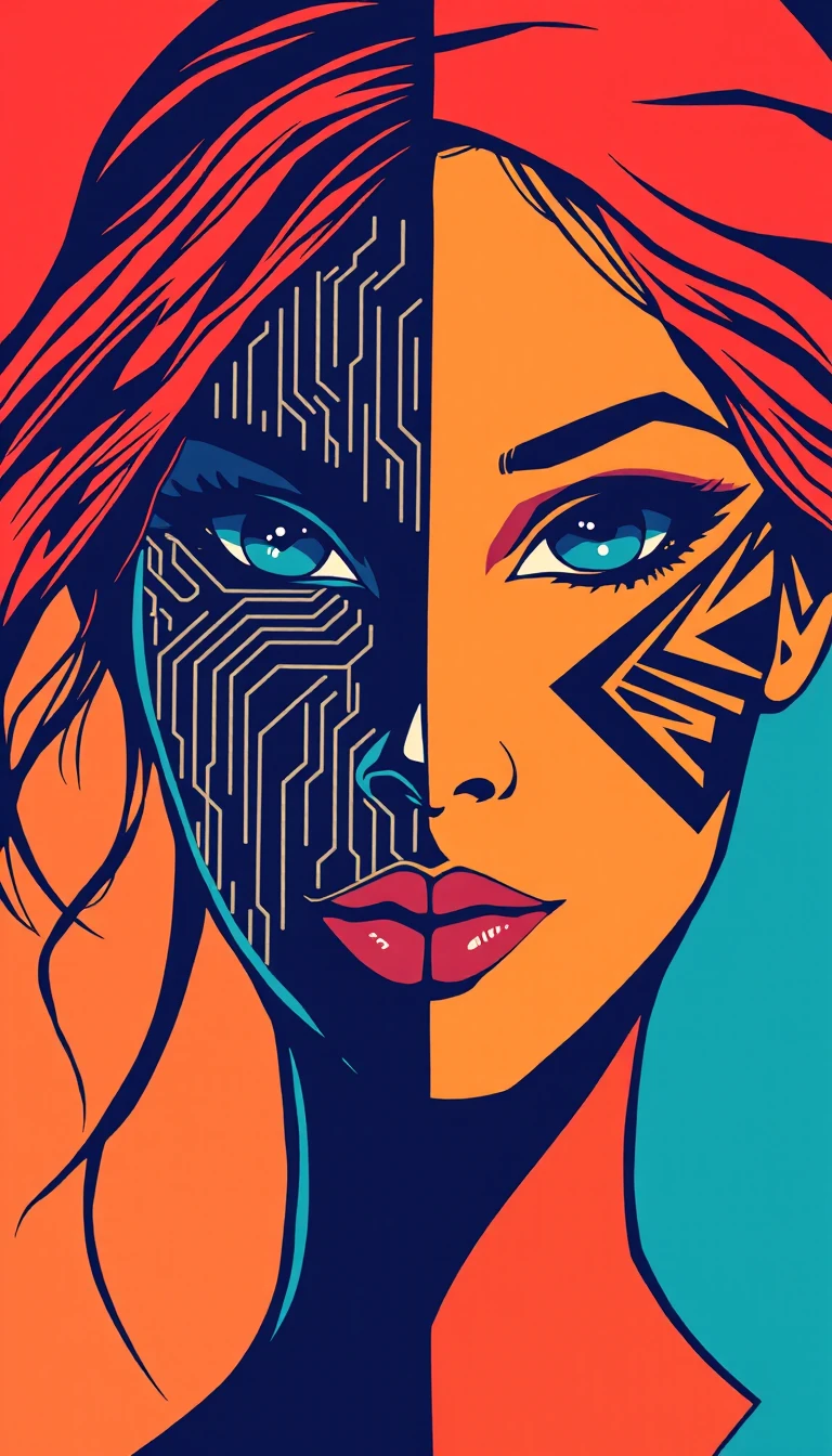 Visage de femme scindé avec circuit imprimé et motif tribal