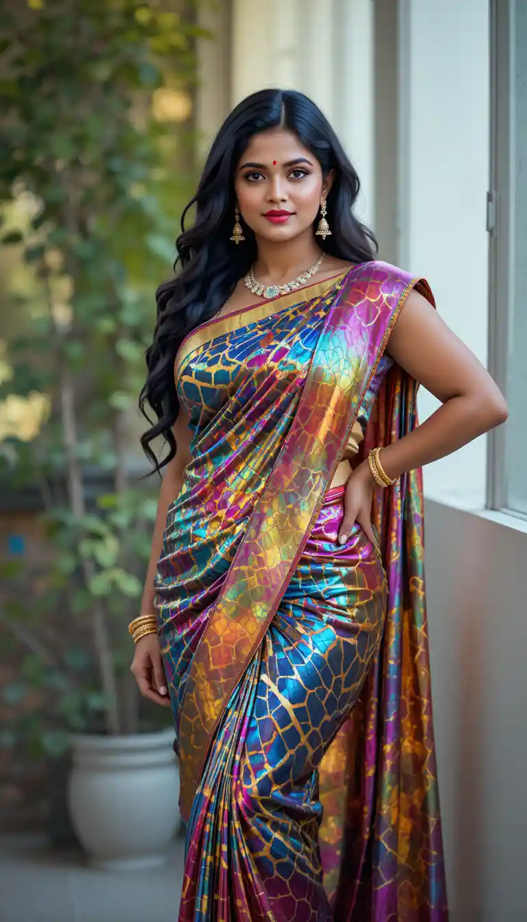 Indian woman in reflective saree bending at the waist