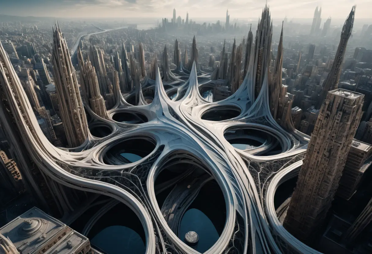 Surreal woman fused with folding parametric cityscape couture