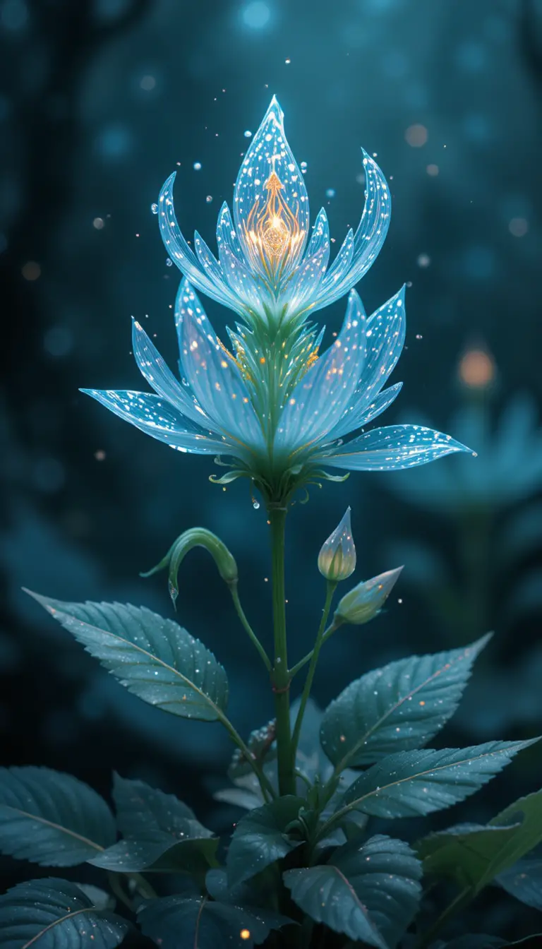 Verzauberte Tautropfenblume, die in einer friedlichen Fantasiewiese leuchtet