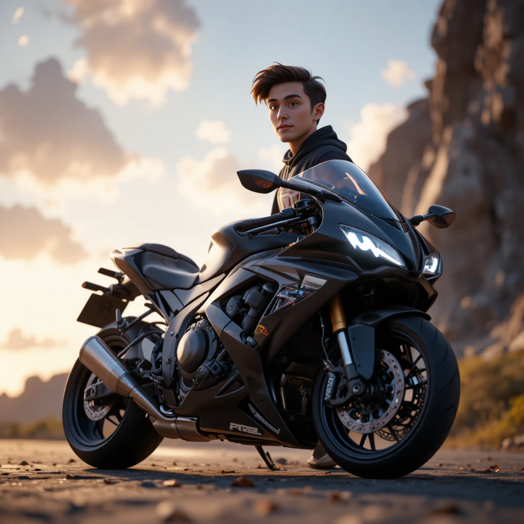 Homem ao lado de motocicleta em close dramático e cinematográfico