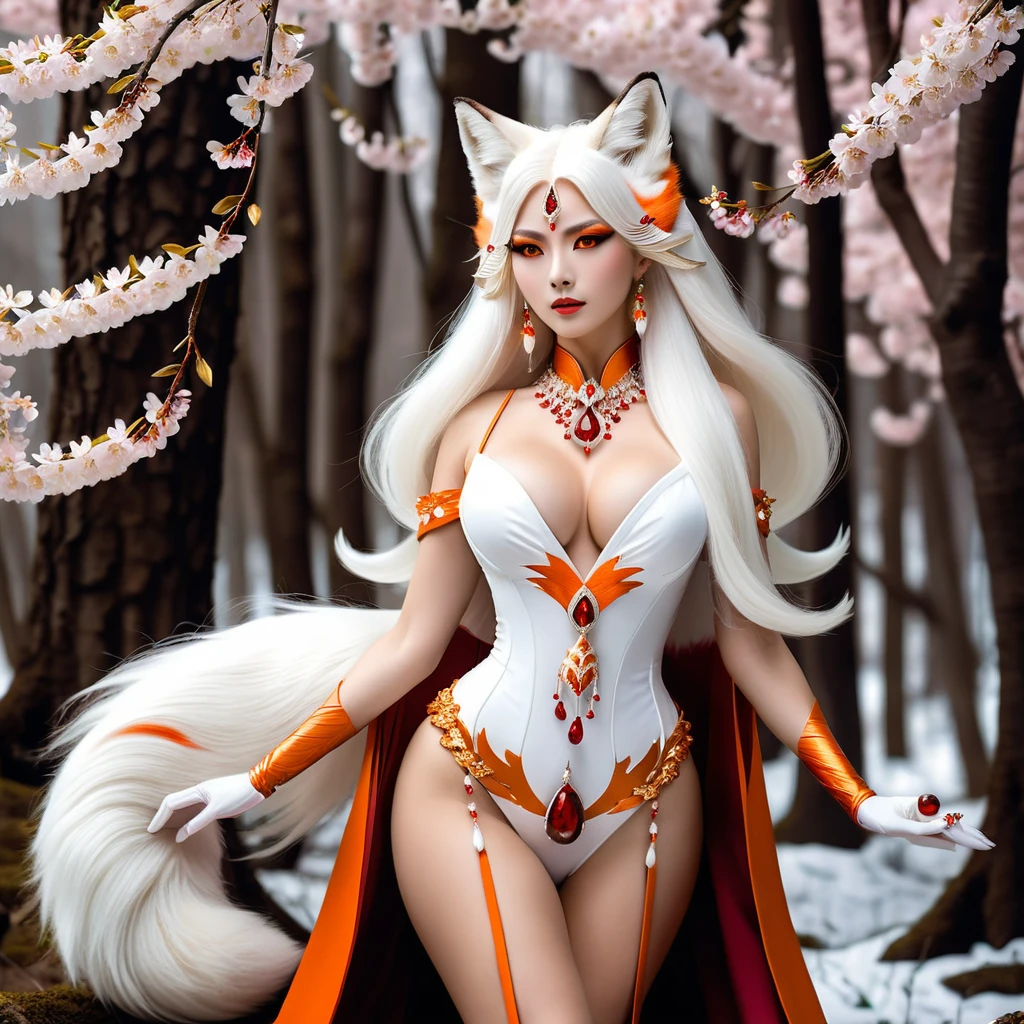 Elegant fox spirit woman in a snowy cherry blossom forest