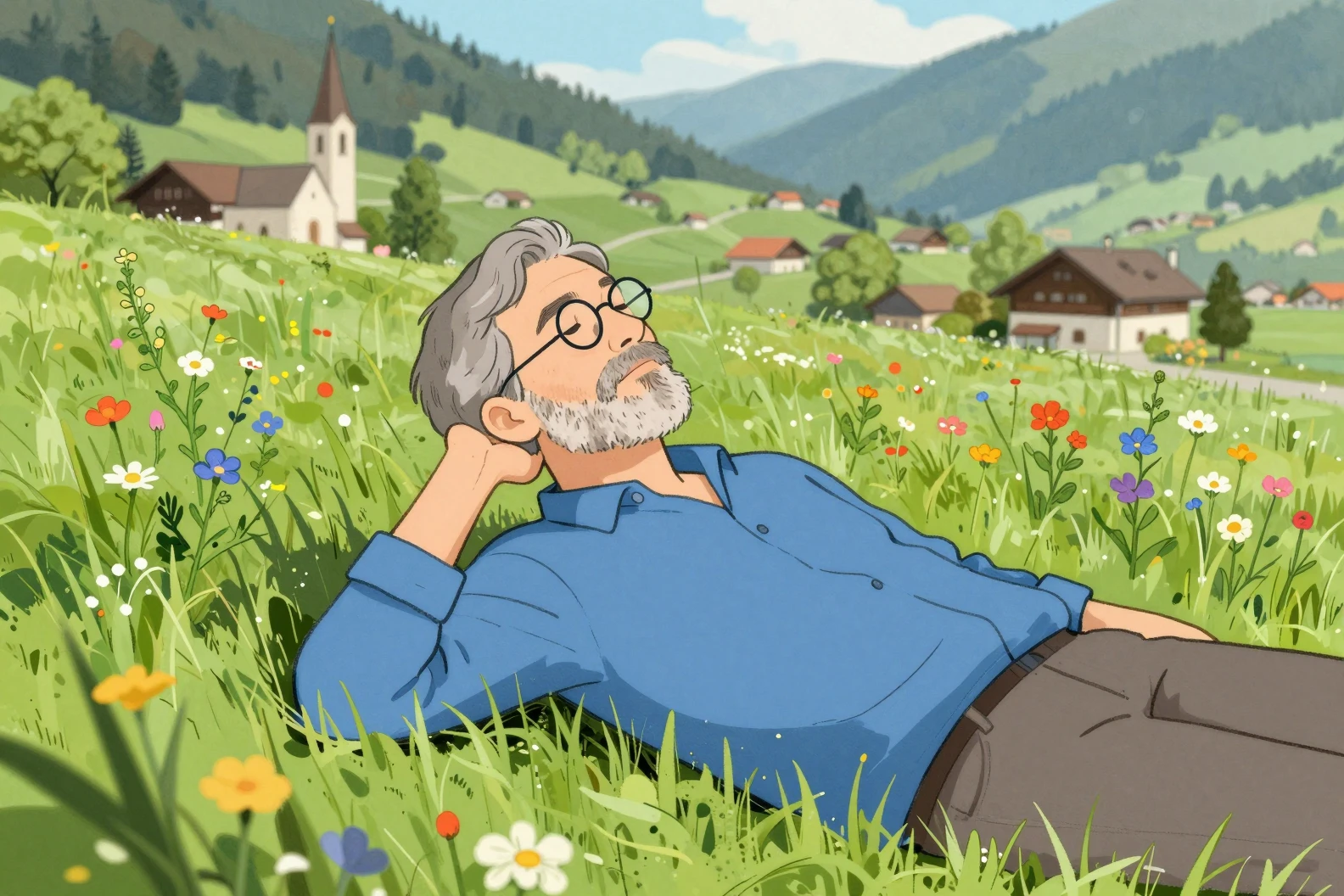 Middle aged man lying on grass in colorful meadow
