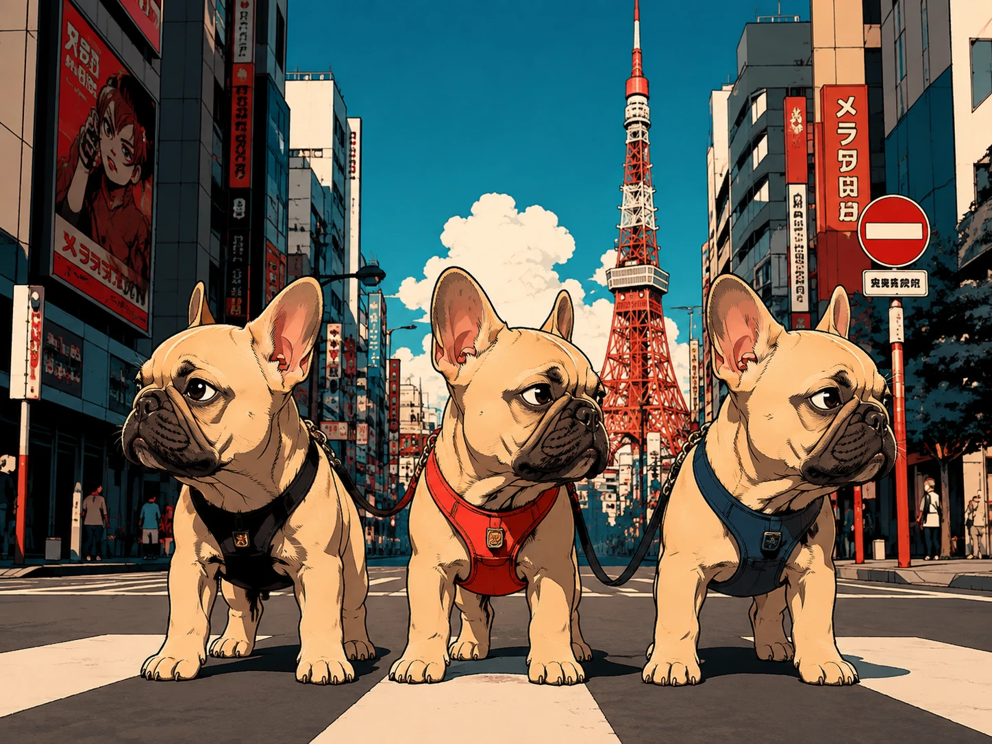 Três filhotes de buldogue francês em uma rua minimalista de Tóquio