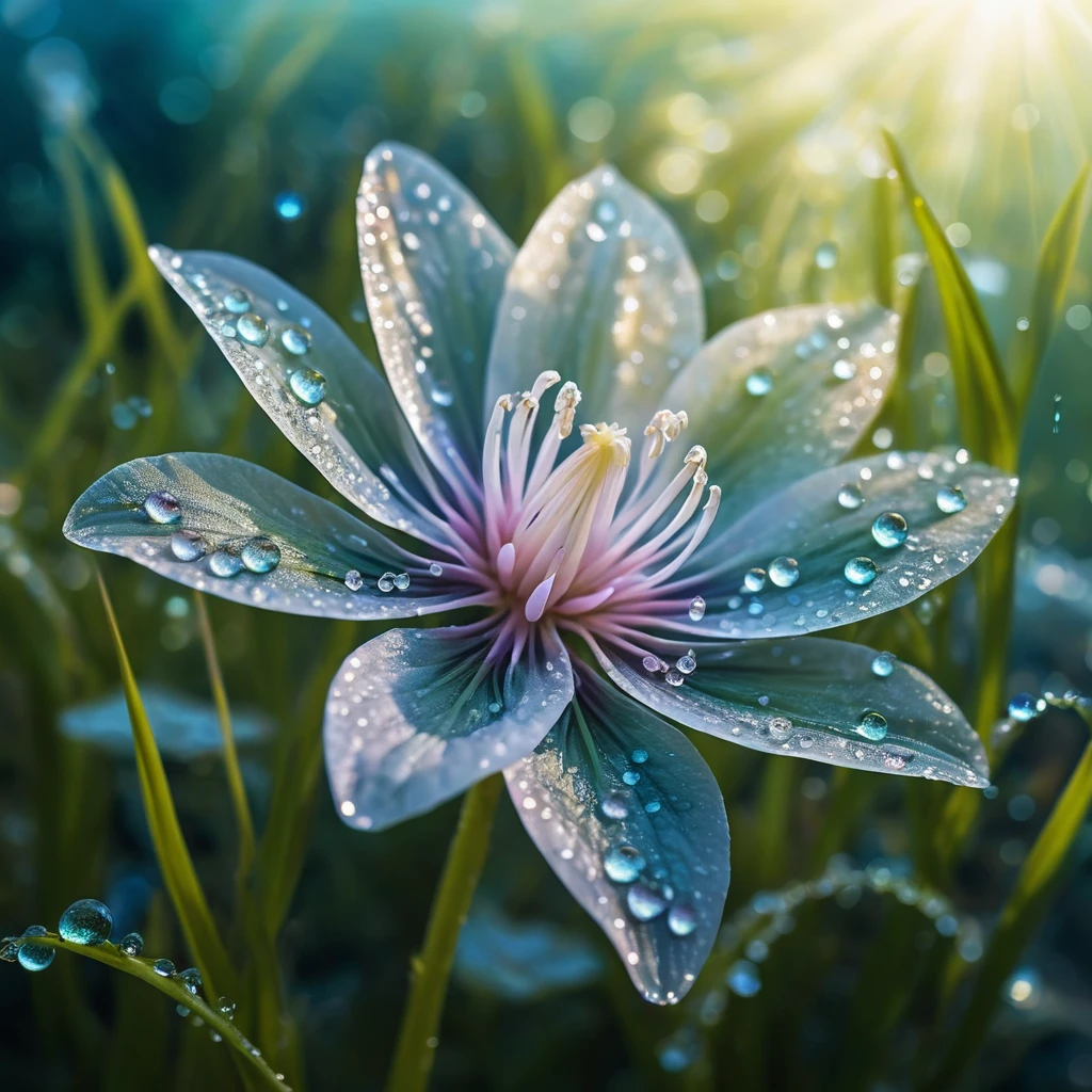 Iridescent dew flower glowing in a mystical meadow