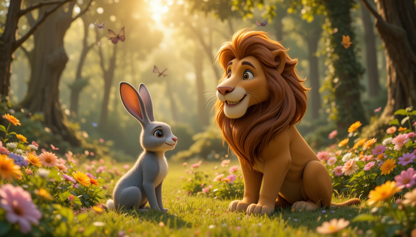 Lion And Rabbit Talking Together In A Sunny Forest Clearing