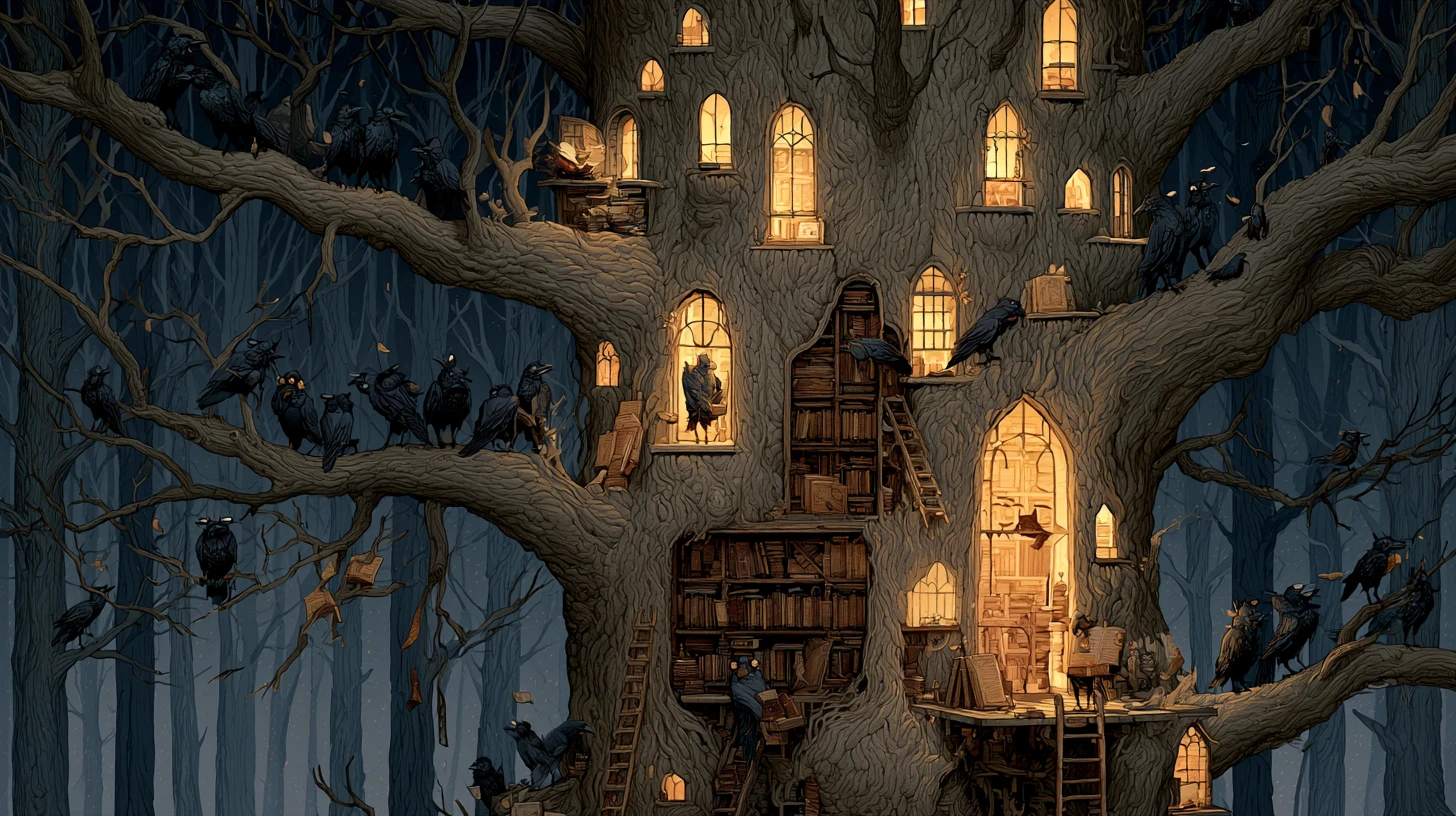 Des corbeaux gèrent une minuscule bibliothèque à l’intérieur d’un arbre ancestral de la forêt