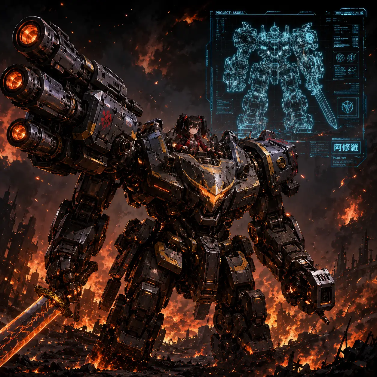 Little girl piloting a giant robot in fiery darkness