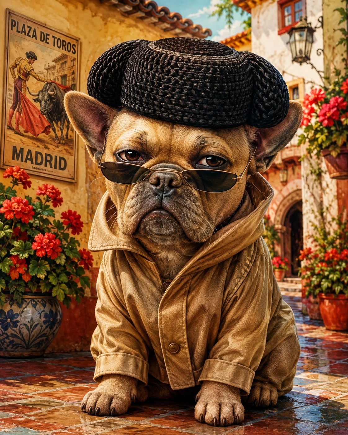 Ilustração de cachorro toureiro estiloso com óculos de sol e capa de chuva