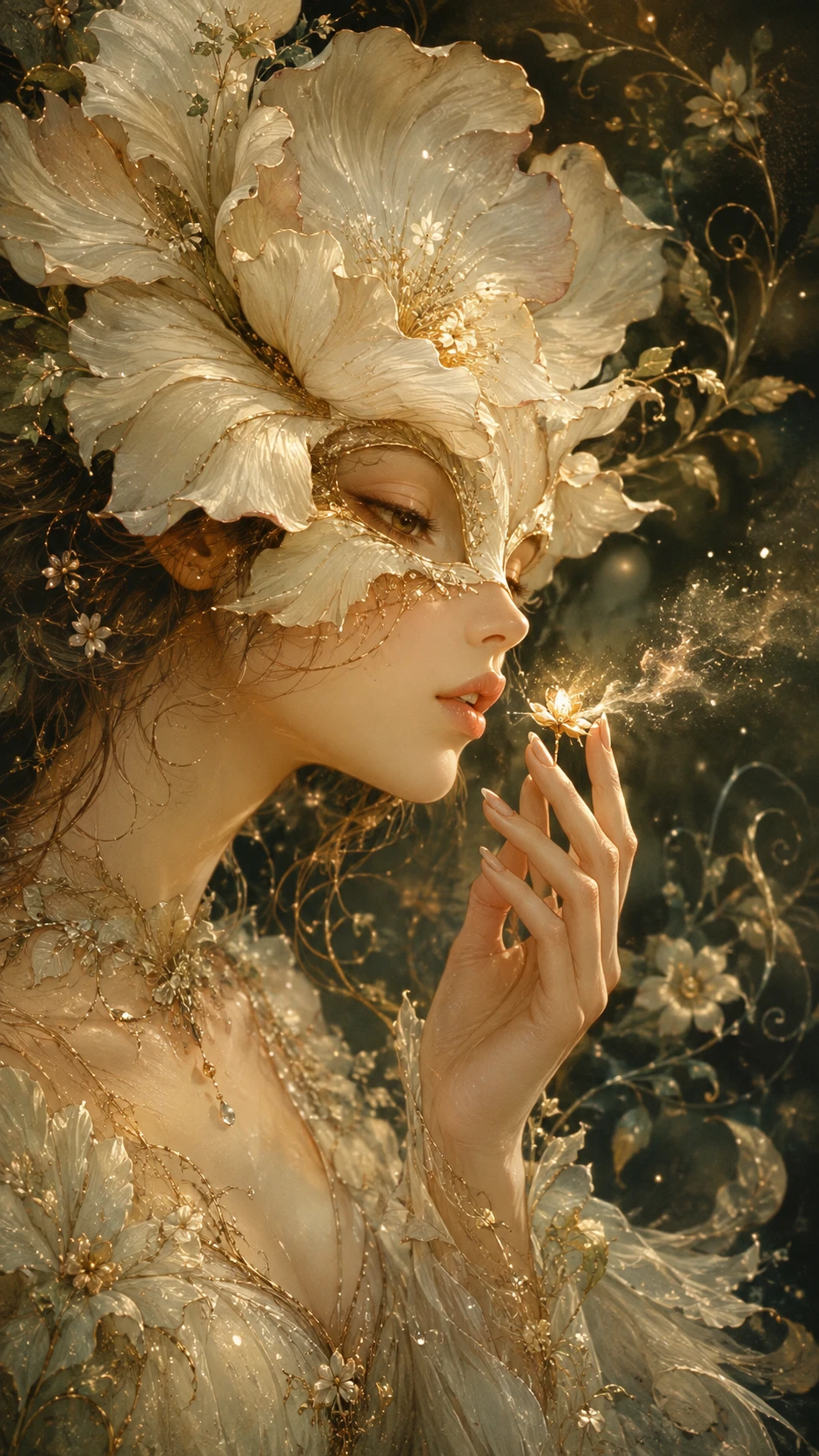 Espírito mascarado floral em retrato de perfil suave em close