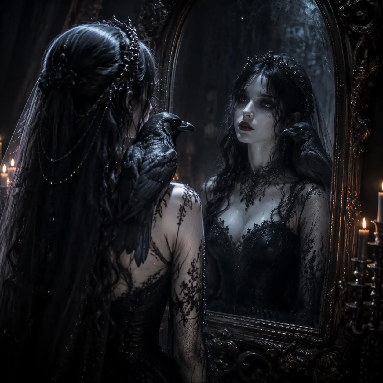 Gothic bride before an ornate mirror with raven companion