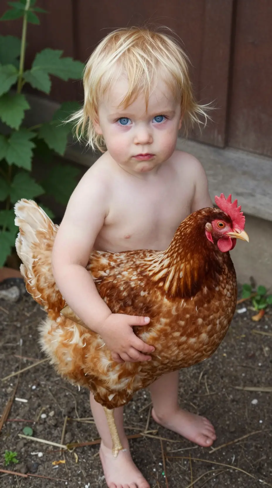 Serious toddler holding a hen on wooden outdoor floor