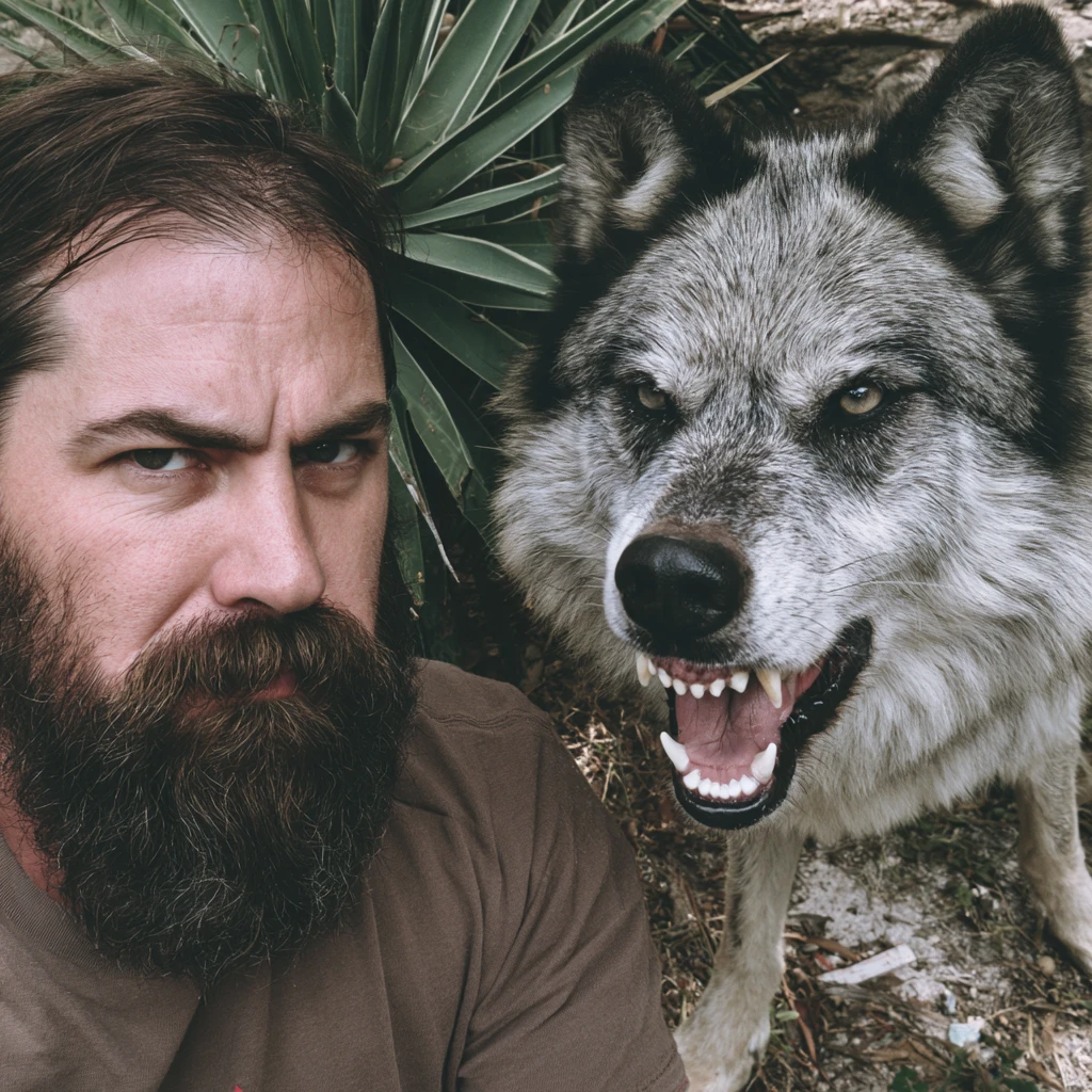 Homem barbudo ao lado de lobo feroz à luz natural do dia
