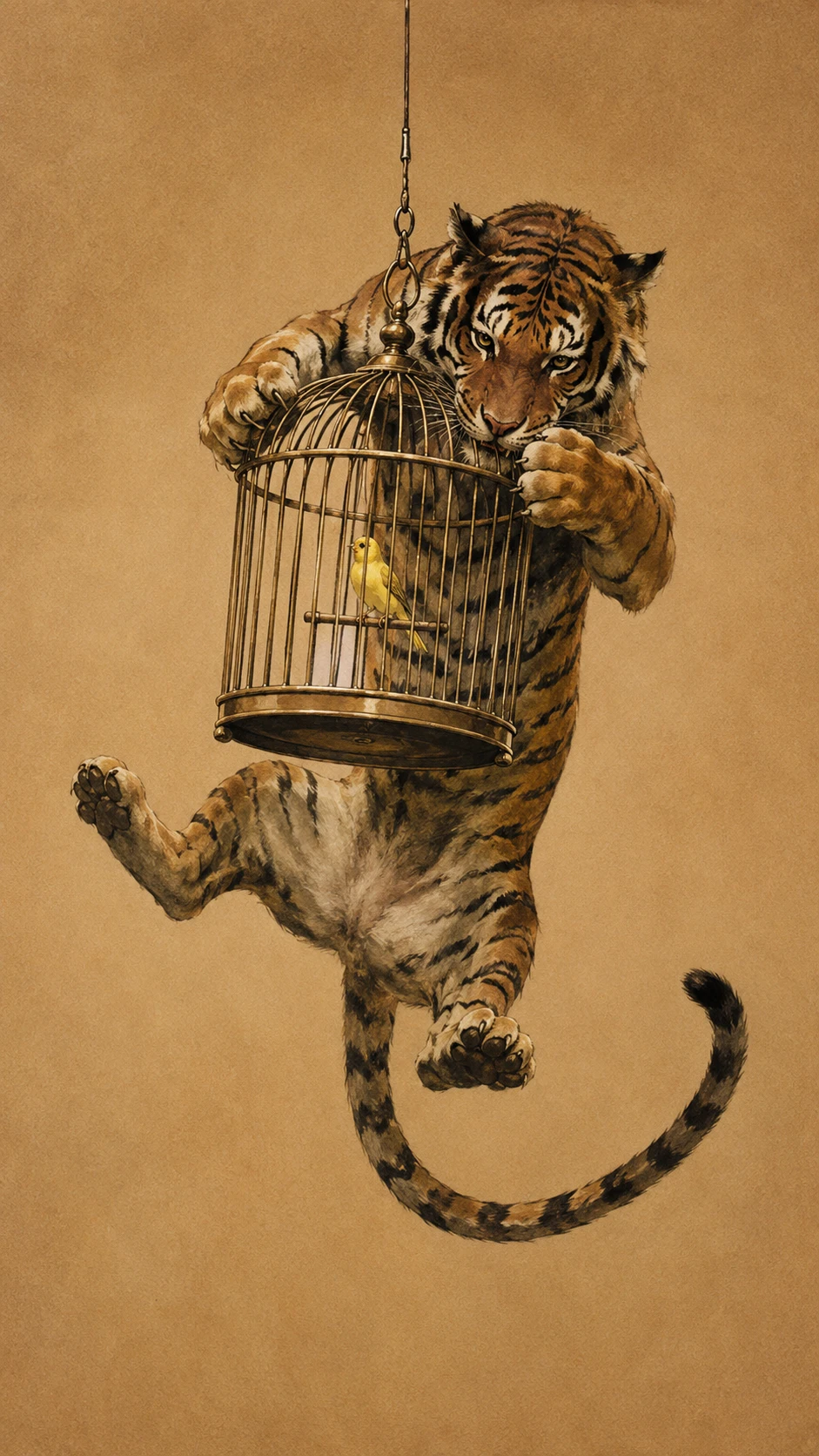 Tiger awkwardly climbing toward a caged canary in midair